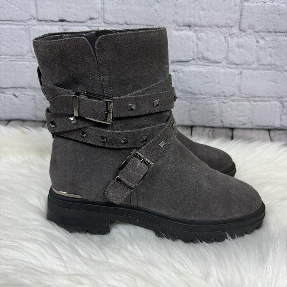 Vince Camuto Moto Boot Womens 8 Barretta Suede Leather Upper Gray Studded Combat